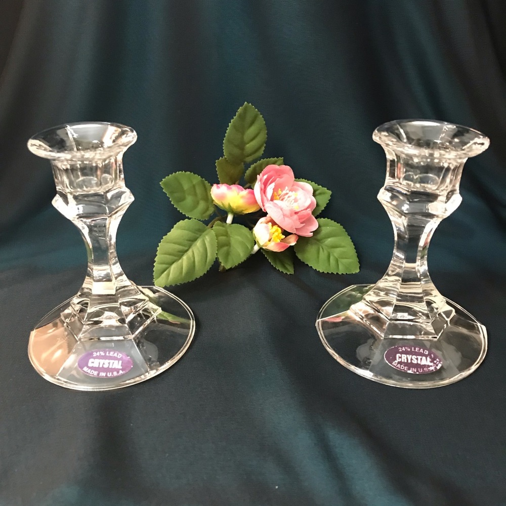 Vintage Pair 24% Lead Crystal Candle Holders Made in USA 4.25” Original Labels